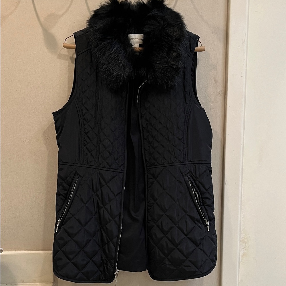 Chico’s Black Quilted Vest with Faux Fur Collar